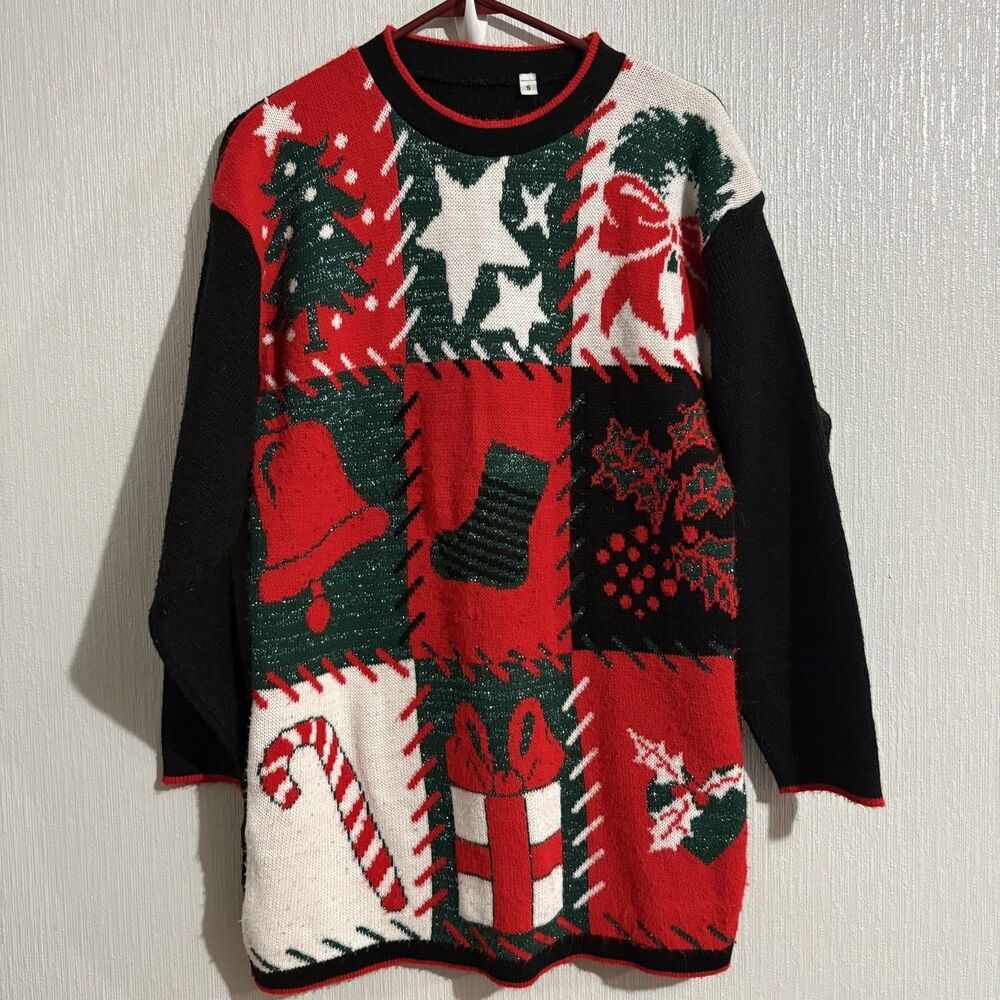 Cute Ugly Christmas Sweater Tunic Oversized Holiday Candy Cane Tree Star Bell S